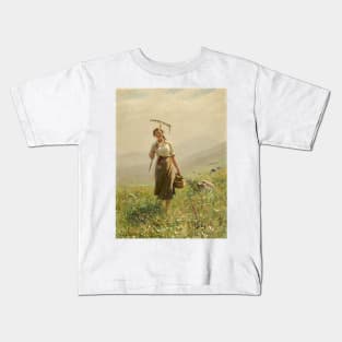 A Young Woman in the Meadow by Hans Dahl Kids T-Shirt